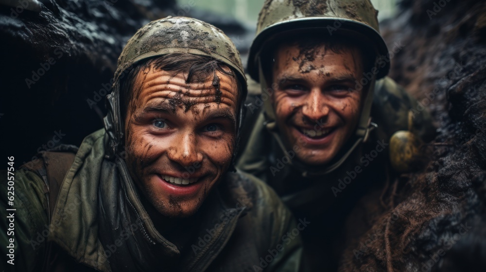 Two soldiers from the army in World War II. Man smiling selfie in a booby trap. Two soldiers from the army in World War II. Man smiling selfie in a booby trap.