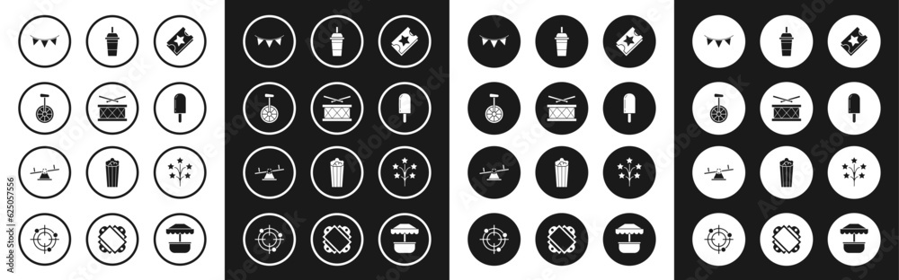 Set Ticket, Drum with drum sticks, Unicycle or one wheel bicycle, Carnival garland flags, Ice cream, Paper glass drinking straw water, Fireworks and Seesaw icon. Vector