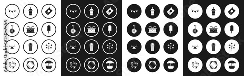 Set Ticket, Drum with drum sticks, Unicycle or one wheel bicycle, Carnival garland flags, Ice cream, Paper glass drinking straw water, Fireworks and Seesaw icon. Vector
