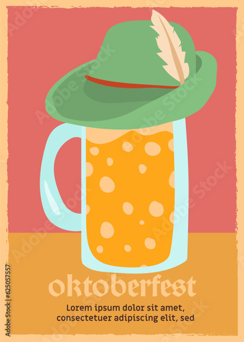 geen bavarian hat above beer glass. oktoberfest vintage poster vector illustration