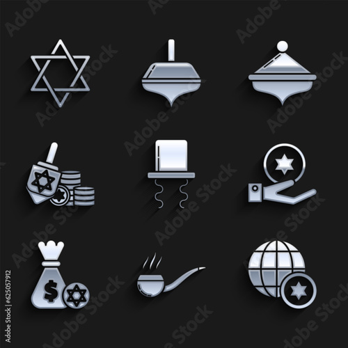 Set Orthodox jewish hat with sidelocks, Smoking pipe smoke, World Globe and Israel, Jewish coin on hand, money bag star of david, Hanukkah dreidel, and Star David icon. Vector