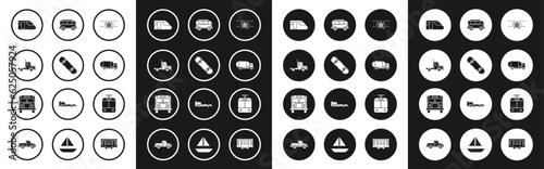 Set Old retro vintage plane, Skateboard, Delivery cargo truck vehicle, Train, Tanker, Retro minivan, Tram and railway and School Bus icon. Vector