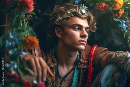 Portrait of young attractive prince  in weird fantasy cosplay clothing. Fairy tale realistic image made with Generative AI photo