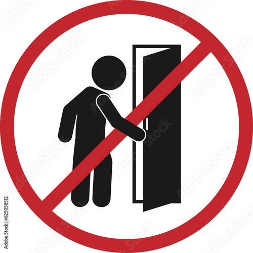 Isolated illustration of Do not enter sign, no trespassing, prohibit people from passing warning sign, icon, symbol	with pictogram man open door in red circle crossed out