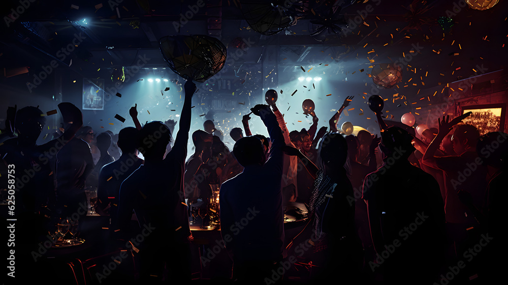 Party mit feiernden Menschen im Club / Konfetti