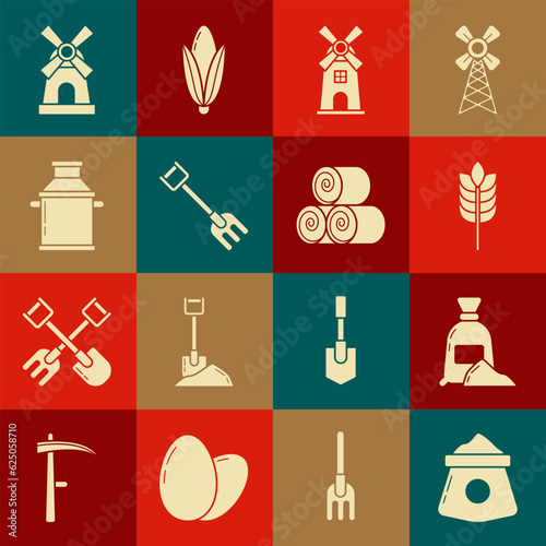 Set Bag of flour, Cereals with rice, wheat, corn, oats, rye, Windmill, Garden rake, Can container for milk, and Roll hay icon. Vector