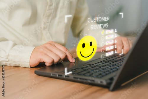 Customer review satisfaction feedback survey. Shopper gives a rating to service experience on online application. Client can evaluate quality of service leading to reputation ranking of the business.