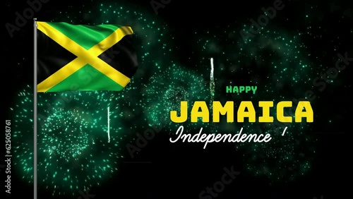 Happy Jamaica Independence Day animation with Jamaica Flag and fireworks background. Great for celebrating Jamaican independence day photo