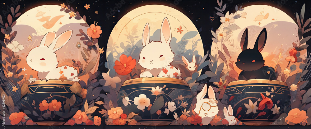 Lovely rabbits are playing in front of the big moon. Concepts of ...