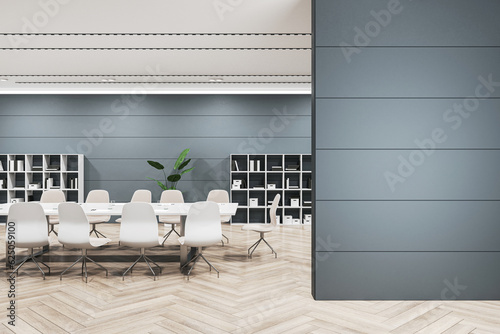 Front view of blank grey wall with empty place for poster or frame and modern negotiant office room on a background, mockup. 3D Rendering photo