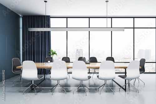 Front view of light modern meeting room with panoramic city view window on background, wooden office desk, concrete floor and blue wall. 3D Rendering