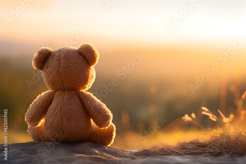 Fotografia Back view of teddy bear toy sitting with background of mountain view at sunset