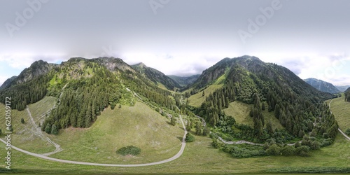 360 degrees panoramic view of the green forest and meadows in the mountains in summertime in Gottenried, Oberstdorf, Bavaria
