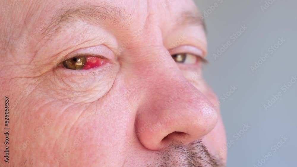 Blood in the eye of a broken blood vessels. Blood pressure. Injury. The eyeball injury from a blow. The adult man looking at the camera and rolling eyes. Impact of stress and fatigue on a human body. Blood in the eye of a broken blood vessels. Blood pressure. Injury. The eyeball injury from a blow. The adult man looking at the camera and rolling eyes. Impact of stress and fatigue on a human body.