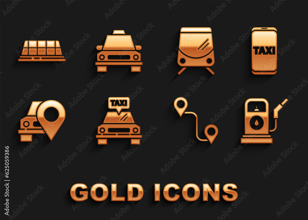 Set Taxi car, call telephone service, Petrol or Gas station, Route location, Map pointer with taxi, Tram and railway, roof and icon. Vector Set Taxi car, call telephone service, Petrol or Gas station, Route location, Map pointer with taxi, Tram and railway, roof and icon. Vector
