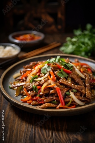 Fish-Flavored Shredded Pork beautifully presented with stir-fry vegetables on a wooden rustic table