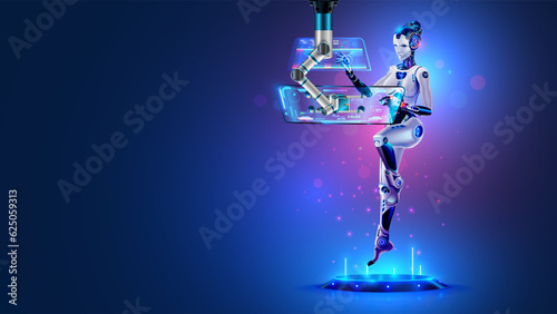 AI in image robot woman working with futuristic interface on transparent computer touch screen. Artificial intelligence analyst data on display of computer. Female cyborg. Artificial neural networks.
