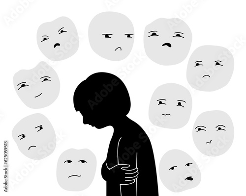 Silhouette of a child girl hugging self with stigma. Kid mental health concept. flat vector illustration.