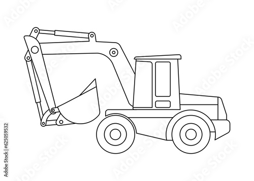 Excavator with crane, tractor for construction, line coloring. Outline of  digger on side. Industrial drawing of bulldozer. Automotive contour drawing. Vector isolated illustration