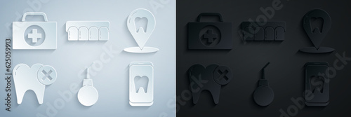Set Enema pear, Dental clinic location, Tooth with caries, Online dental care, Dentures model and First aid kit icon. Vector