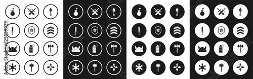 Set Japanese ninja shuriken, Police badge, Medieval sword, Bomb ready to explode, Military rank, Crossed medieval, axe and Viking horned helmet icon. Vector