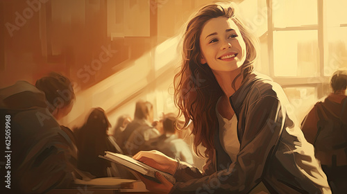 Teenage student female posing smiling in classroom. Generative AI