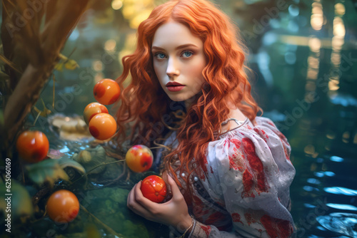 Portrait of young attractive princess in weird fantasy cosplay clothing. mermaid in lake with apples Fairy tale realistic image made with Generative AI