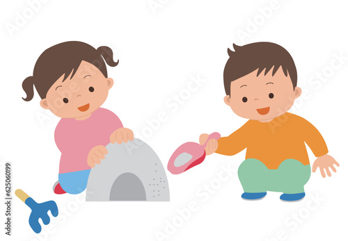 砂遊びをしている子どものベクターイラスト