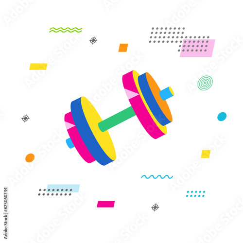 Dumbbell with memphis style elements. Vector colorful illustration for fit gym sport or bodybuilder