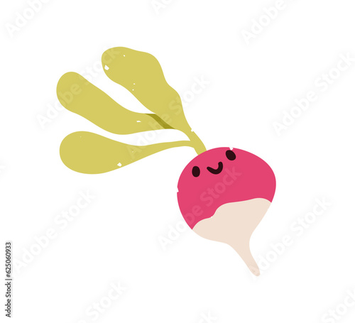 Cute happy radish smiling. Funny amusing food character, joyful face expressi...