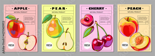 Set of templates with fruits. Apples, pears, peaches, cherries. Fruit posters, labels, covers, price tags. Cartoon style, Vector. Colorful illustrations.