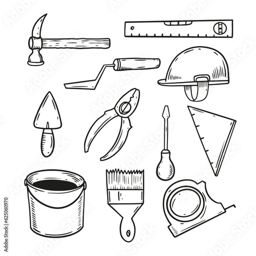 Hand drawn line art sign Building tools set.