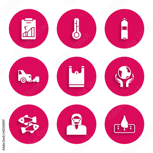 Set Plastic bag, Face in protective mask, Deforestation, Hands holding Earth globe, Dead fish, Car exhaust, Bottle of water and Global warming icon. Vector