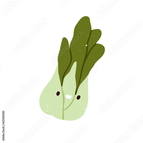 Happy bok choy character. Cute funny vegetable, smiling face expression, positive joyful emotion. Amusing Chinese cabbage, paksoi. Kids childish flat vector illustration isolated on white background