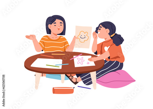 Girls children drawing at table with papers, pencils, Cute little kids friends sitting, talking, playing, painting together at creative leisure. Flat vector illustration isolated on white background