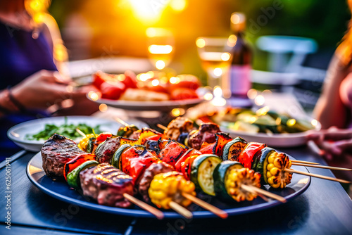 Brochettes de viandes et légumes grillées au barbecue - Générative IA