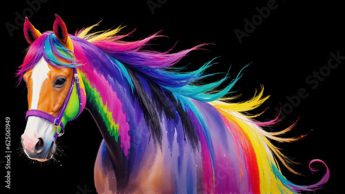 rainbow colors abstract horse on back background, generative AI photo