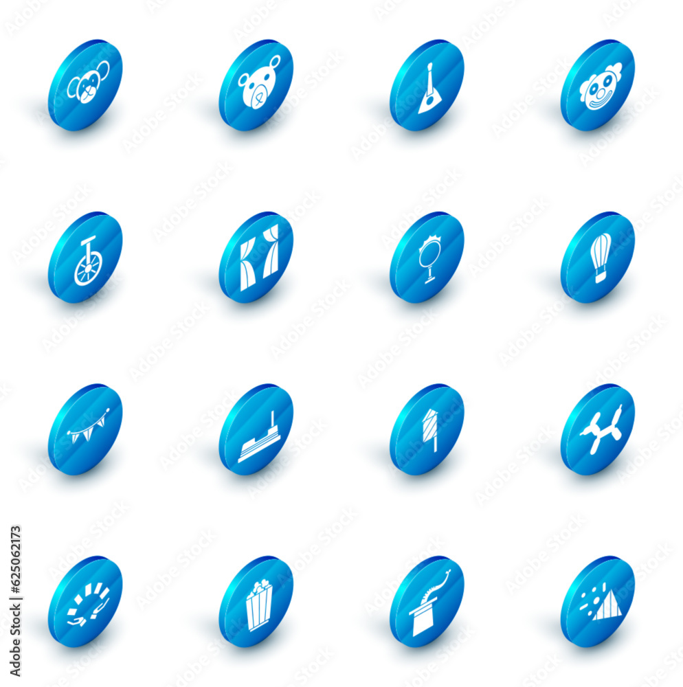 Set Bear head, Balalaika, Clown, Unicycle or one wheel bicycle, Carnival garland with flags, Circus curtain raises, Hot air balloon and fire hoop icon. Vector Set Bear head, Balalaika, Clown, Unicycle or one wheel bicycle, Carnival garland with flags, Circus curtain raises, Hot air balloon and fire hoop icon. Vector