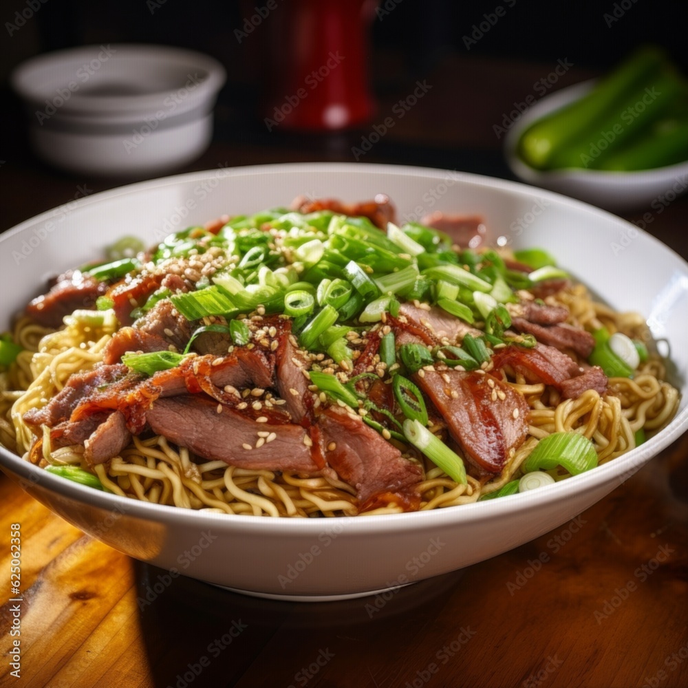 Chow Mein highlighted by a sprinkle of sesame seeds, rich green spring onions, and thinly sliced meats, captured in a white ceramic bowl Chow Mein highlighted by a sprinkle of sesame seeds, rich green spring onions, and thinly sliced meats, captured in a white ceramic bowl