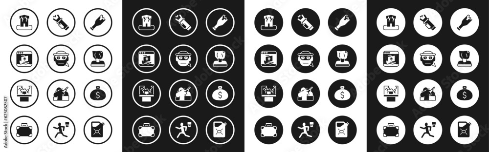 Set Broken bottle as weapon, Bandit, Internet piracy, Arson home, Kidnaping, Police electric shocker, Money bag and window icon. Vector Set Broken bottle as weapon, Bandit, Internet piracy, Arson home, Kidnaping, Police electric shocker, Money bag and window icon. Vector