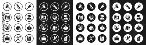 Set Broken bottle as weapon, Bandit, Internet piracy, Arson home, Kidnaping, Police electric shocker, Money bag and window icon. Vector