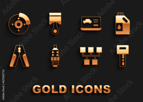 Set Car spark plug, Canister for motor oil, key with remote, Gear shifter, battery jumper power cable, Diagnostics condition of car, brake disk caliper and Engine piston icon. Vector