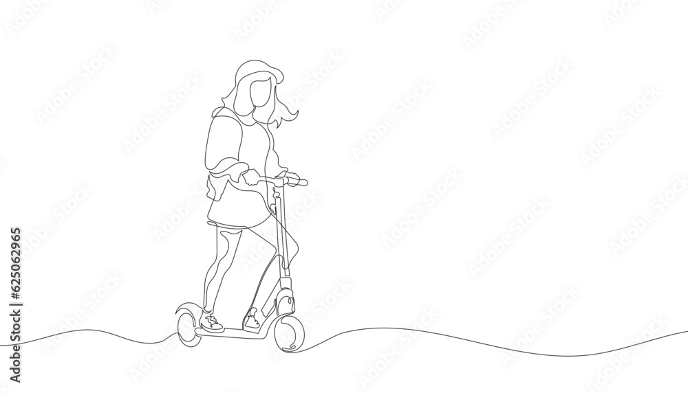 Girl on a one line electric scooter. Continuous line drawing scooter. Vector illustration