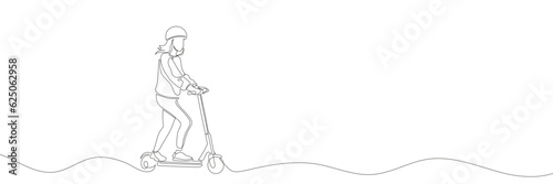 Girl on a one line electric scooter. Continuous line drawing scooter. Vector illustration