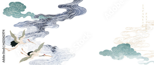 Crane birds vector. Japanese background with watercolor texture painting texture. Oriental natural wave and cloud pattern with ocean decoration banner design in vintage style. River pattern element.