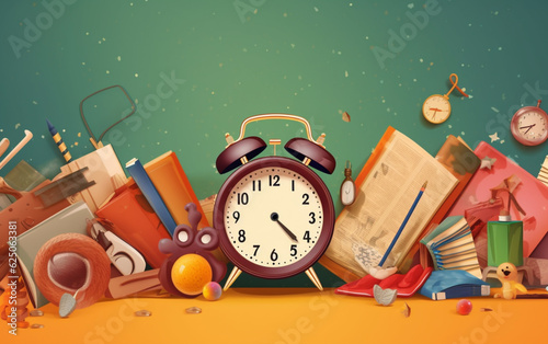 Back to school vector banner design with school items education elements alarm clock