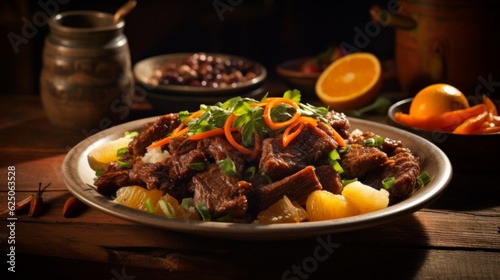 Crispy Orange Beef served on a vintage plate, showcasing interesting texture and vibrant color contrast against an old wooden table