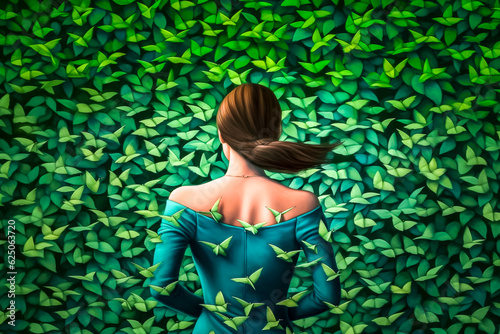 Femme avec une robe verte, vue de dos, regardant des oiseaux verts volants autour d'elle, camouflés dans les feuilles - Générative IA photo