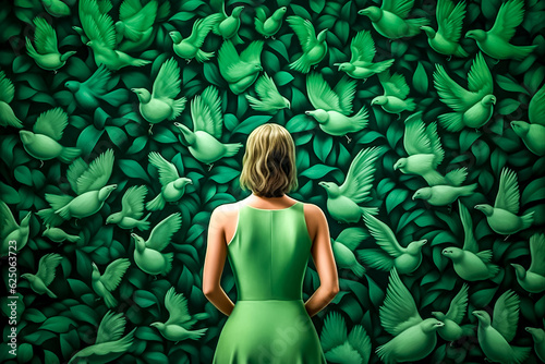 Femme avec une robe verte, vue de dos, regardant des oiseaux verts volants, camouflés dans les feuilles - Générative IA photo