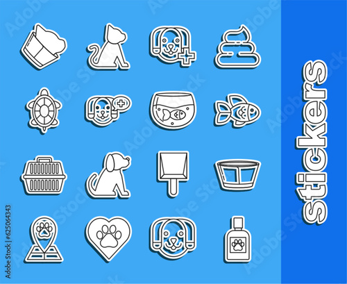 Set line Dog medicine bottle, Protective cone collar, Fish, Veterinary clinic symbol, Turtle, and Aquarium with fish icon. Vector